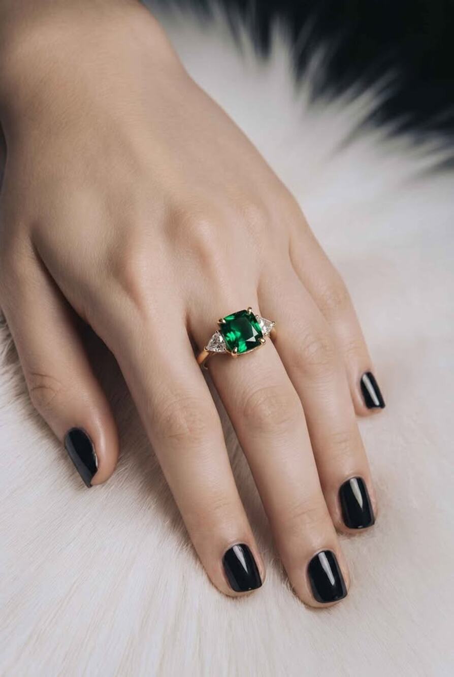 Gold tone emerald green three stone ring. Size 8